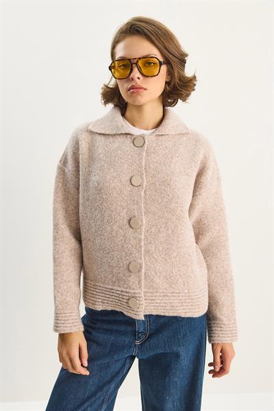 Kadın Polo Yaka Yumuşak Dokulu Düğmeli Triko Hırka 5086 60283663 - Bej