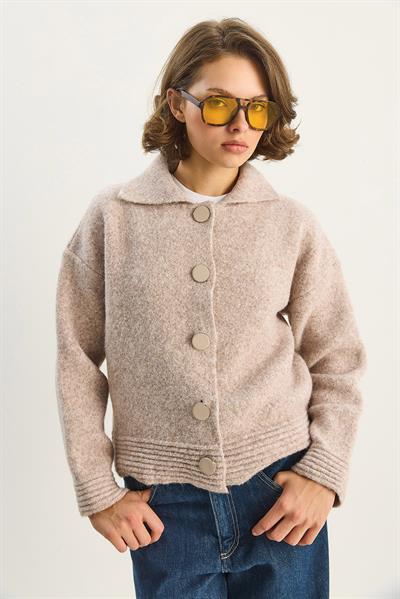 Kadın Polo Yaka Yumuşak Dokulu Düğmeli Triko Hırka 5086 60283663 - Bej