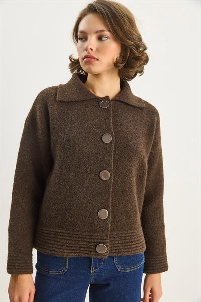 Kadın Polo Yaka Yumuşak Dokulu Düğmeli Triko Hırka 5086 60283663 - Acı Kahve