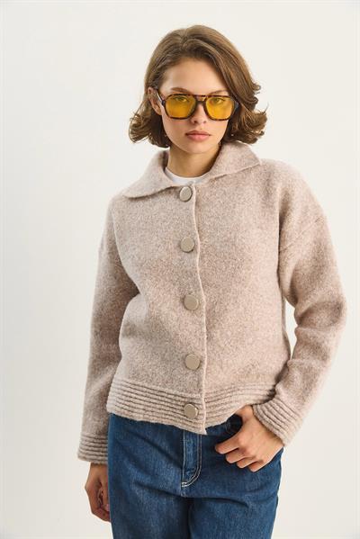 Kadın Polo Yaka Yumuşak Dokulu Düğmeli Triko Hırka 5086 60283663 - Bej