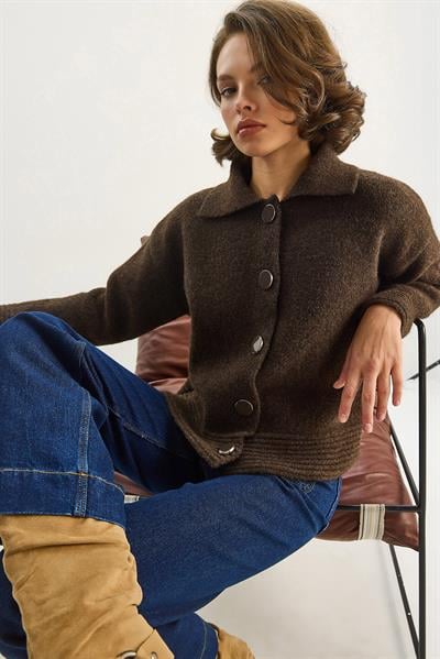 Kadın Polo Yaka Yumuşak Dokulu Düğmeli Triko Hırka 5086 60283663 - Acı Kahve