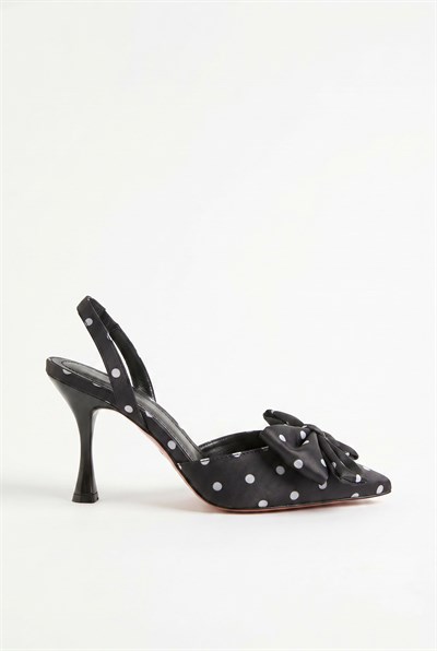 Kadın Puantiye Desenli Fiyonk Detaylı İnce Topuklu Slingback Stiletto 50021010 - Siyah