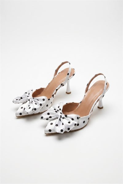 Kadın Puantiye Desenli Fiyonk Detaylı İnce Topuklu Slingback Stiletto 50021010 - Beyaz