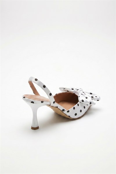 Kadın Puantiye Desenli Fiyonk Detaylı İnce Topuklu Slingback Stiletto 50021010 - Beyaz