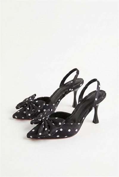Kadın Puantiye Desenli Fiyonk Detaylı İnce Topuklu Slingback Stiletto 50021010 - Siyah