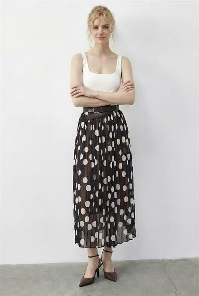 Kadın Puantiyeli Beli Lastikli Astarlı Kemerli Uzun Tül Etek 4189 60283995 - Siyah