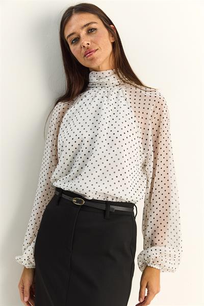 Kadın Puantiyeli Dik Yaka Pelerin Kesim Prenses Kol Astarlı Şifon Bluz 0972 60283966 - Beyaz
