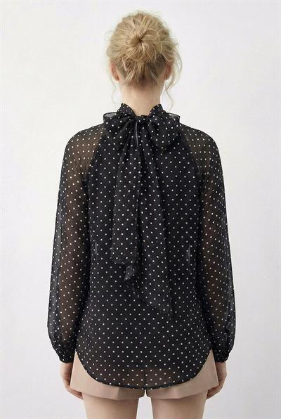 Kadın Puantiyeli Dik Yaka Pelerin Kesim Prenses Kol Astarlı Şifon Bluz 0972 60283966 - Acı Kahve