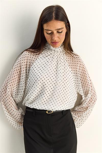 Kadın Puantiyeli Dik Yaka Pelerin Kesim Prenses Kol Astarlı Şifon Bluz 0972 60283966 - Beyaz