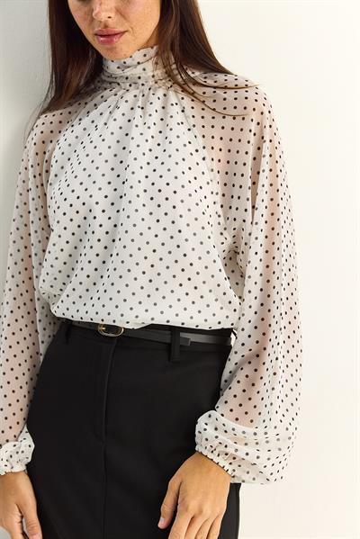 Kadın Puantiyeli Dik Yaka Pelerin Kesim Prenses Kol Astarlı Şifon Bluz 0972 60283966 - Beyaz