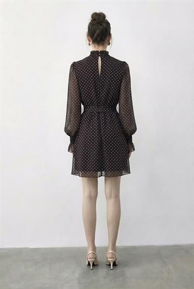 Kadın Puantiyeli Gipeli Kol Detaylı Kuşaklı Astarlı Mini Elbise 0986 60286031 - Acı Kahve