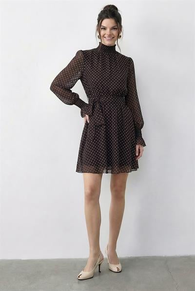 Kadın Puantiyeli Gipeli Kol Detaylı Kuşaklı Astarlı Mini Elbise 0986 60286031 - Acı Kahve