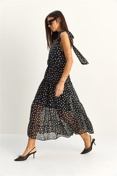 Kadın Puantiyeli Halter Yaka Astarlı  Madi Elbise 8702 60286148 - Siyah