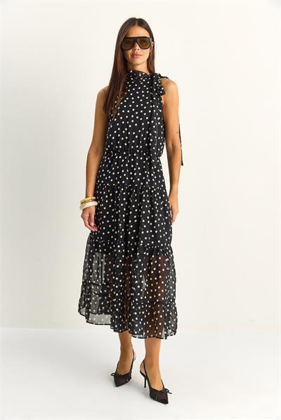 Kadın Puantiyeli Halter Yaka Astarlı  Madi Elbise 8702 60286148 - Siyah