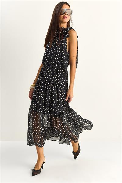 Kadın Puantiyeli Halter Yaka Astarlı  Madi Elbise 8702 60286148 - Siyah