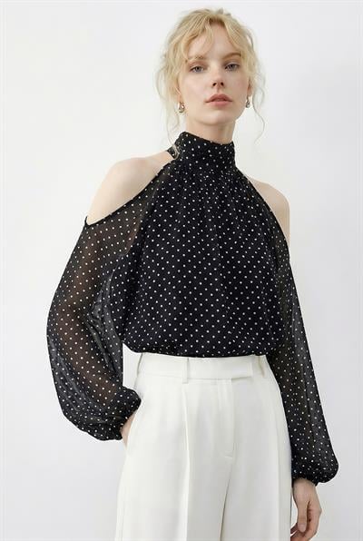 Kadın Puantiyeli Omuz Açık Dik Yaka Şifon Bluz 0906 60283967 - Siyah BLUZ modelleri