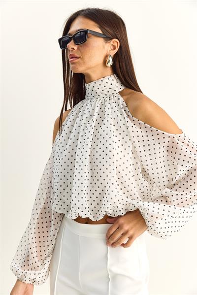Kadın Puantiyeli Omuz Açık Dik Yaka Şifon Bluz 0906 60283967 - Beyaz