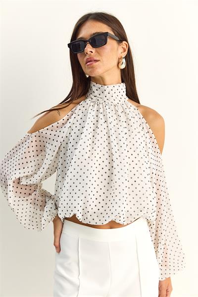 Kadın Puantiyeli Omuz Açık Dik Yaka Şifon Bluz 0906 60283967 - Beyaz