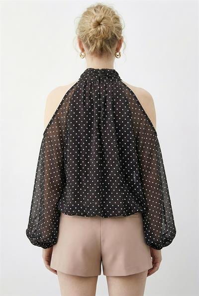 Kadın Puantiyeli Omuz Açık Dik Yaka Şifon Bluz 0906 60283967 - Acı Kahve