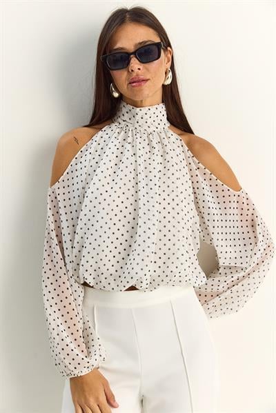 Kadın Puantiyeli Omuz Açık Dik Yaka Şifon Bluz 0906 60283967 - Beyaz BLUZ modelleri