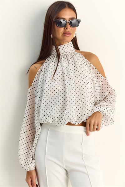 Kadın Puantiyeli Omuz Açık Dik Yaka Şifon Bluz 0906 60283967 - Beyaz