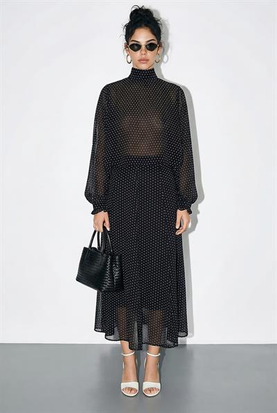 Kadın Puantiyeli Transparan Bluzlu Astarlı Etekli Alt-Üst Takım 8095 60286062 - Siyah