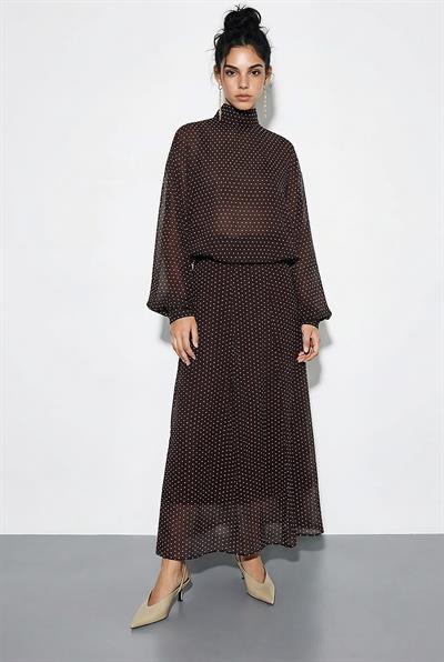 Kadın Puantiyeli Transparan Bluzlu Astarlı Etekli Alt-Üst Takım 8095 60286062 - Acı Kahve