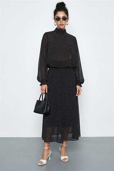 Kadın Puantiyeli Transparan Bluzlu Astarlı Etekli Alt-Üst Takım 8095 60286062 - Siyah