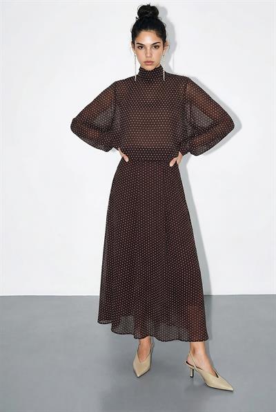 Kadın Puantiyeli Transparan Bluzlu Astarlı Etekli Alt-Üst Takım 8095 60286062 - Acı Kahve