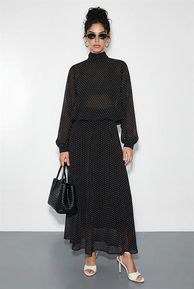 Kadın Puantiyeli Transparan Bluzlu Astarlı Etekli Alt-Üst Takım 8095 60286062 - Siyah