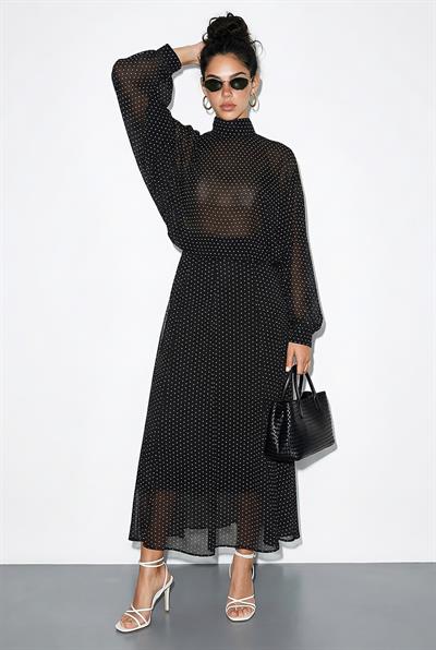 Kadın Puantiyeli Transparan Bluzlu Astarlı Etekli Alt-Üst Takım 8095 60286062 - Siyah