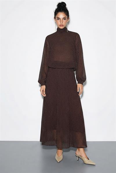 Kadın Puantiyeli Transparan Bluzlu Astarlı Etekli Alt-Üst Takım 8095 60286062 - Acı Kahve