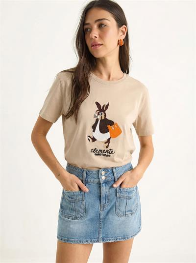 Kadın Rabbit Nakışlı İşlemeli Bisiklet Yaka Basic T-Shirt 7532 60283953 - Bej