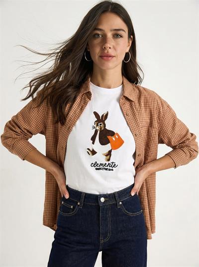 Kadın Rabbit Nakışlı İşlemeli Bisiklet Yaka Basic T-Shirt 7532 60283953 - Beyaz
