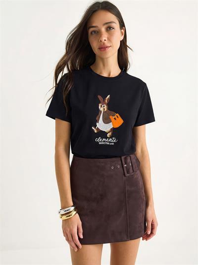 Kadın Rabbit Nakışlı İşlemeli Bisiklet Yaka Basic T-Shirt 7532 60283953 - Siyah