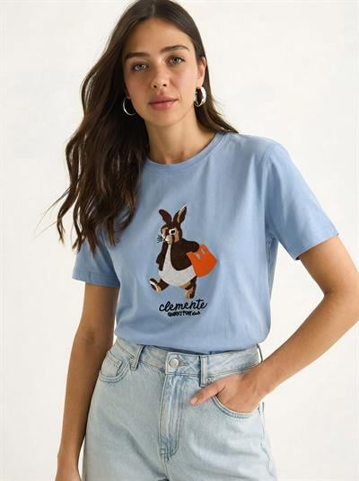 Kadın Rabbit Nakışlı İşlemeli Bisiklet Yaka Basic T-Shirt 7532 60283953 - Bebe Mavisi