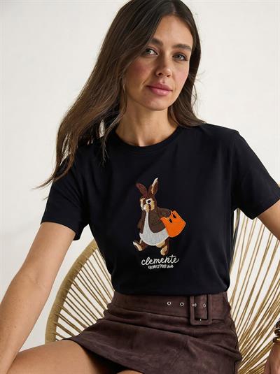 Kadın Rabbit Nakışlı İşlemeli Bisiklet Yaka Basic T-Shirt 7532 60283953 - Siyah