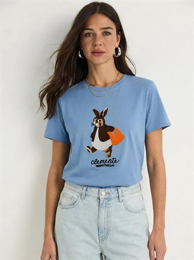 Kadın Rabbit Nakışlı İşlemeli Bisiklet Yaka Basic T-Shirt 7532 60283953 - Bebe Mavisi