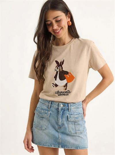 Kadın Rabbit Nakışlı İşlemeli Bisiklet Yaka Basic T-Shirt 7532 60283953 - Bej
