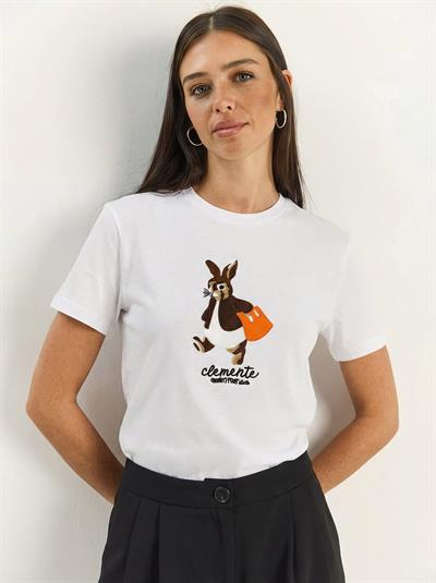 Kadın Rabbit Nakışlı İşlemeli Bisiklet Yaka Basic T-Shirt 7532 60283953 - Beyaz