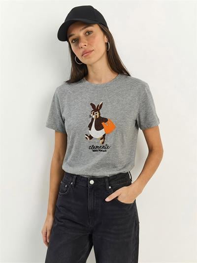 Kadın Rabbit Nakışlı İşlemeli Bisiklet Yaka Basic T-Shirt 7532 60283953 - Gri