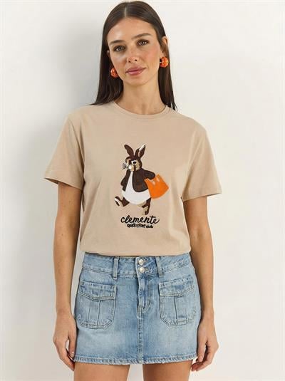 Kadın Rabbit Nakışlı İşlemeli Bisiklet Yaka Basic T-Shirt 7532 60283953 - Bej