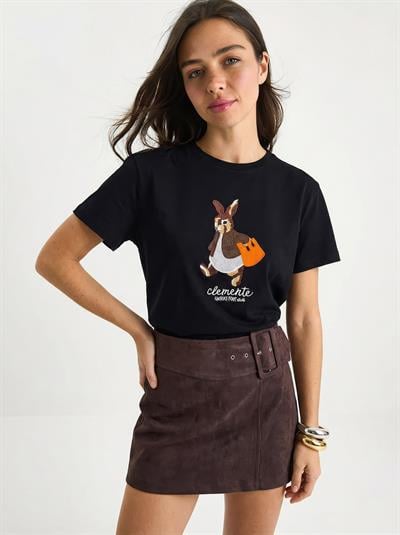 Kadın Rabbit Nakışlı İşlemeli Bisiklet Yaka Basic T-Shirt 7532 60283953 - Siyah