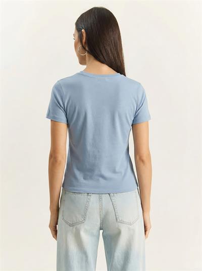 Kadın Rabbit Nakışlı İşlemeli Bisiklet Yaka Basic T-Shirt 7532 60283953 - Bebe Mavisi