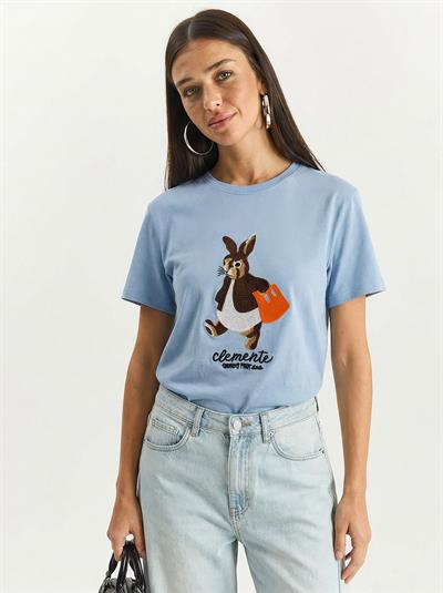 Kadın Rabbit Nakışlı İşlemeli Bisiklet Yaka Basic T-Shirt 7532 60283953 - Bebe Mavisi