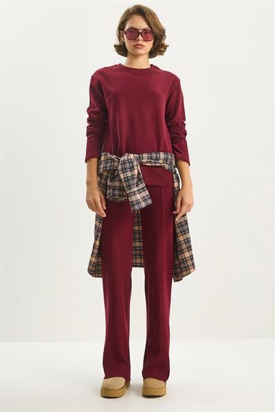 Kadın Rahat Kesim Üst Nervürlü Beli Lastikli Pantolon Selanik Takım 8432 60283603 - Vişne