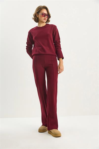 Kadın Rahat Kesim Üst Nervürlü Beli Lastikli Pantolon Selanik Takım 8432 60283603 - Vişne