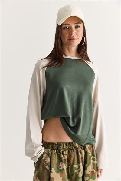 Kadın Regular Reglan Kol Renk Bloklu Uzun Kollu Sweatshirt 928 60286777 - Yeşil-Bej