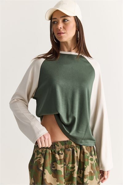 Kadın Regular Reglan Kol Renk Bloklu Uzun Kollu Sweatshirt 928 60286777 - Yeşil-Bej