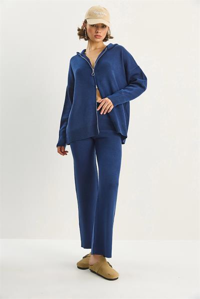 Kadın Relax Fit Kapüşonlu Hırka Yüksek Bel Pantolon Triko Takım TT251003 60283645 - Lacivert